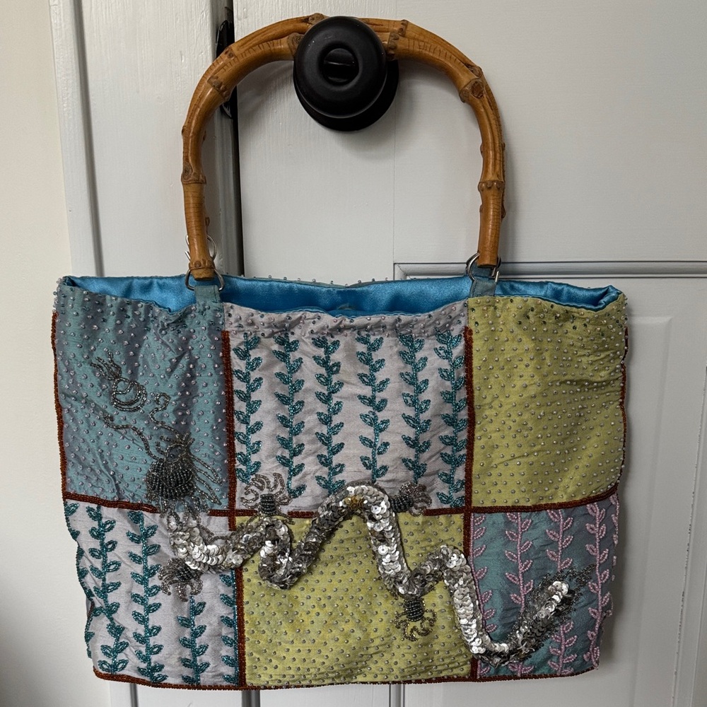 Ipa-Nima Brand Patchwork Sequin Silk Tote Bag with Bamboo Handles